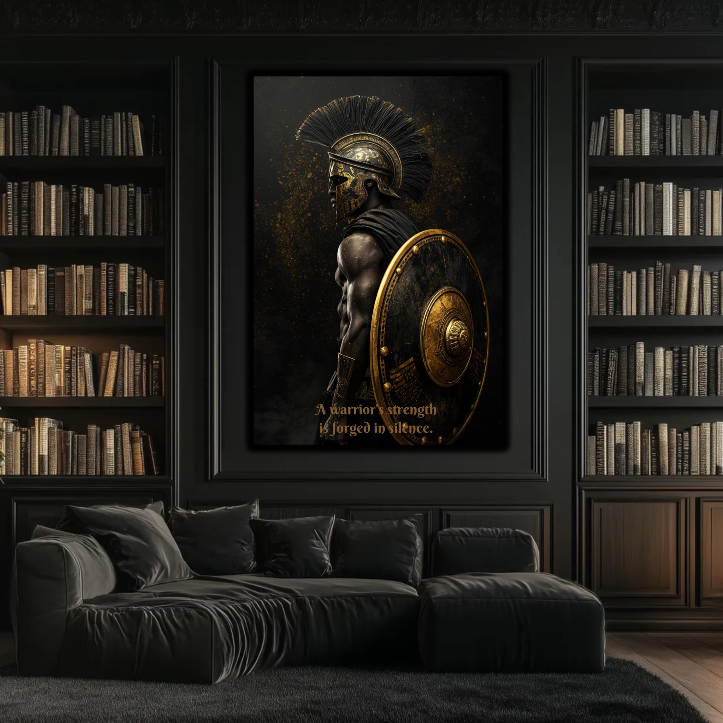 Spartan Warrior Motivational Quote Canvas Print | "Forged in Silence" Black & Gold Wall Art