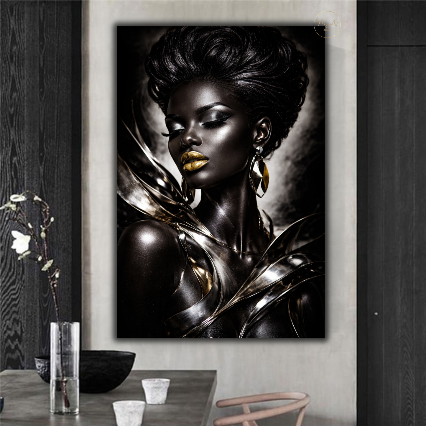 Black Woman Wall Art – Elegant Afrocentric Black & Silver Abstract Canvas Print