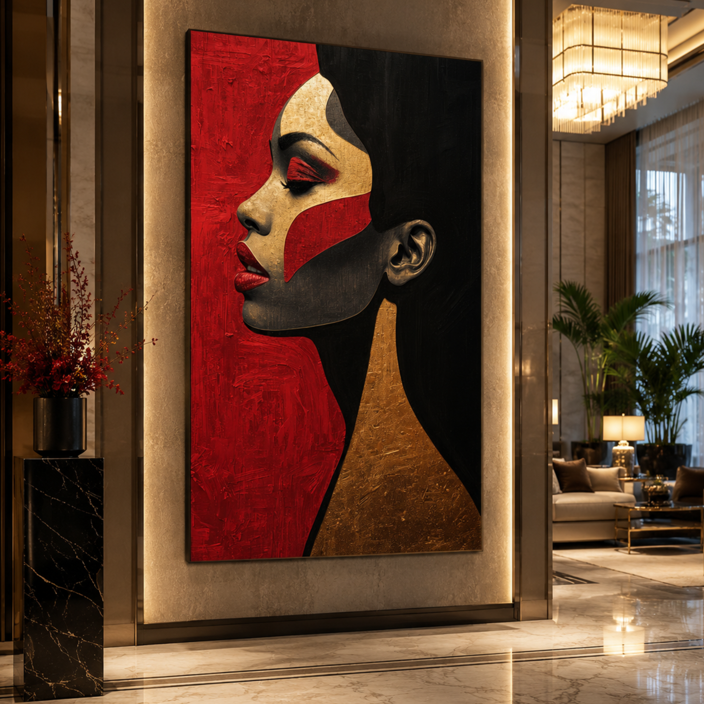 Black Woman Wall Art – Abstract Afrocentric Canvas Print | Black, Red & Gold Modern Wall Decor