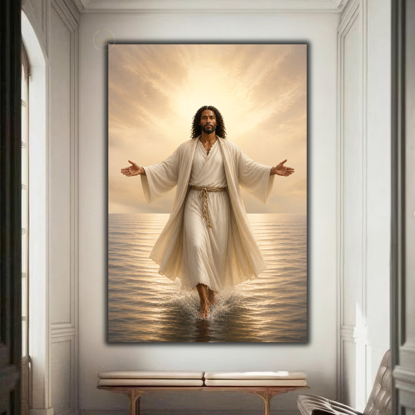 Black Jesus Wall Art - Jesus Walking on Water / Afrocentric Spiritual Canvas Print in Neutral Tones