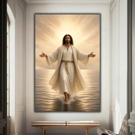 Black Jesus Wall Art - Jesus Walking on Water / Afrocentric Spiritual Canvas Print in Neutral Tones