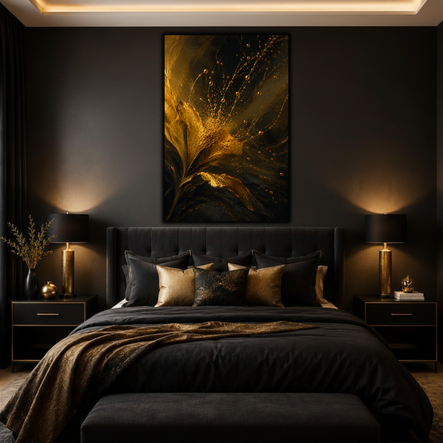 Abstract Gold Flower Wall Art – Elegant Black & Gold Canvas Print | Modern Elegant Home Decor
