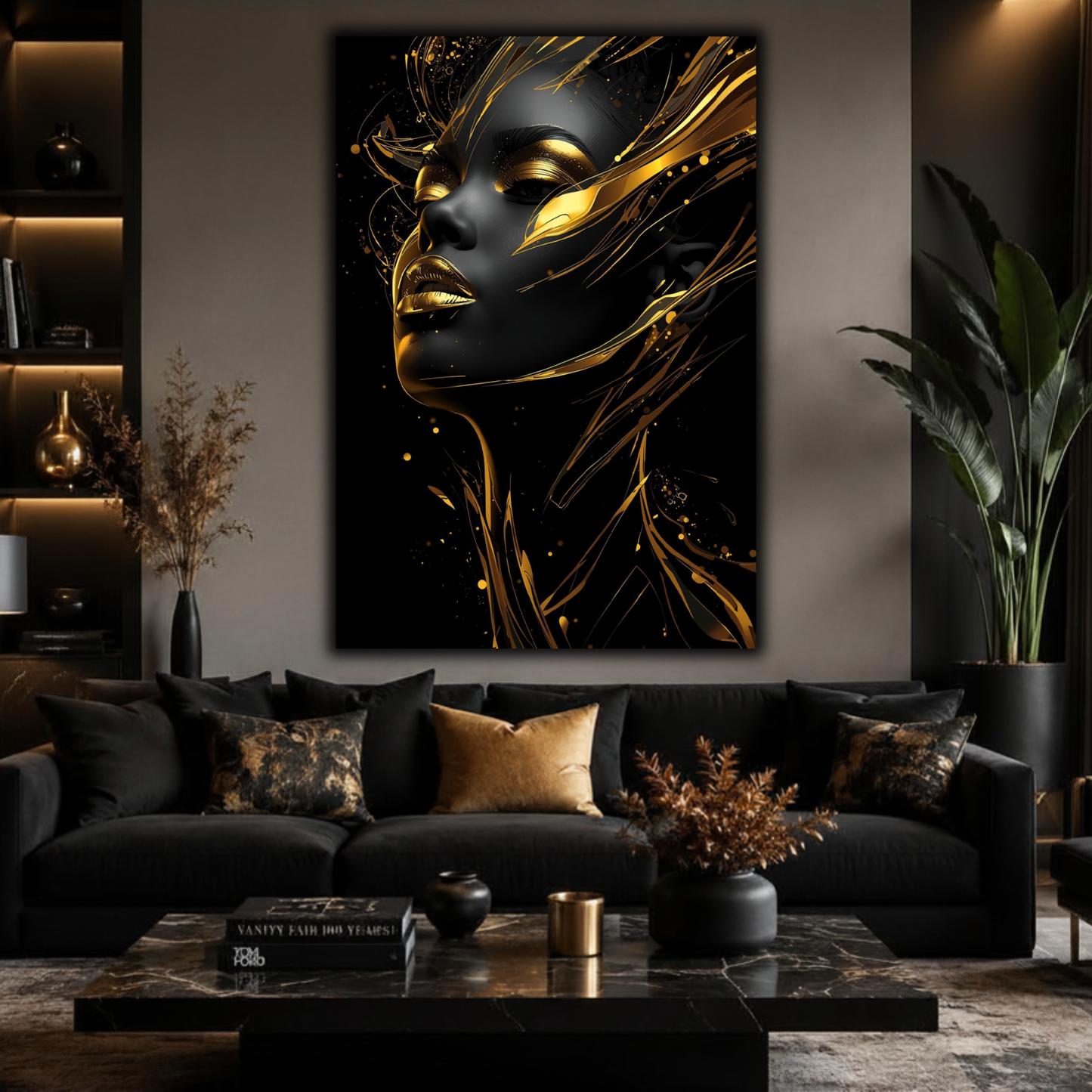 Black Woman Wall Art – Black & Gold Abstract Afrocentric Canvas Print | Luxury Modern African American Art Decor