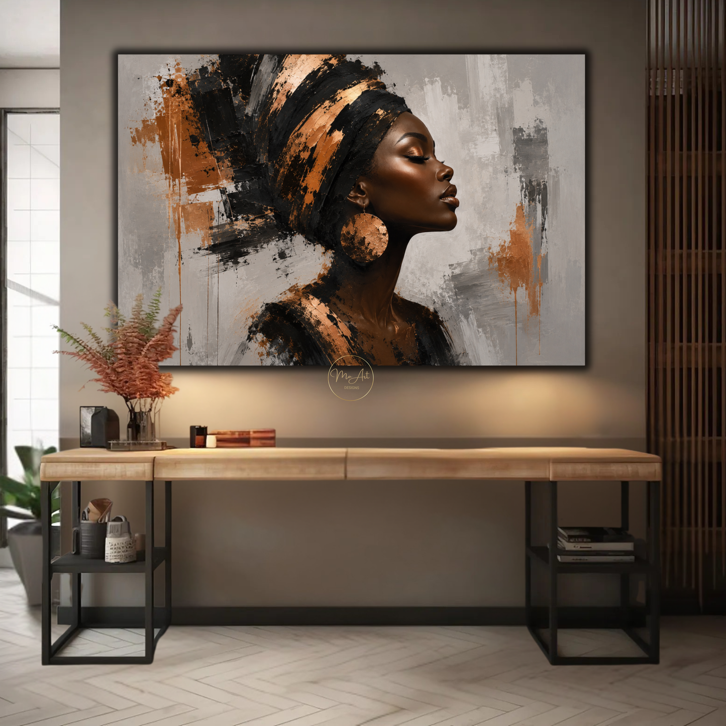Black Woman Wall Art – Opulent Black & Copper Afrocentric Abstract Canvas Print