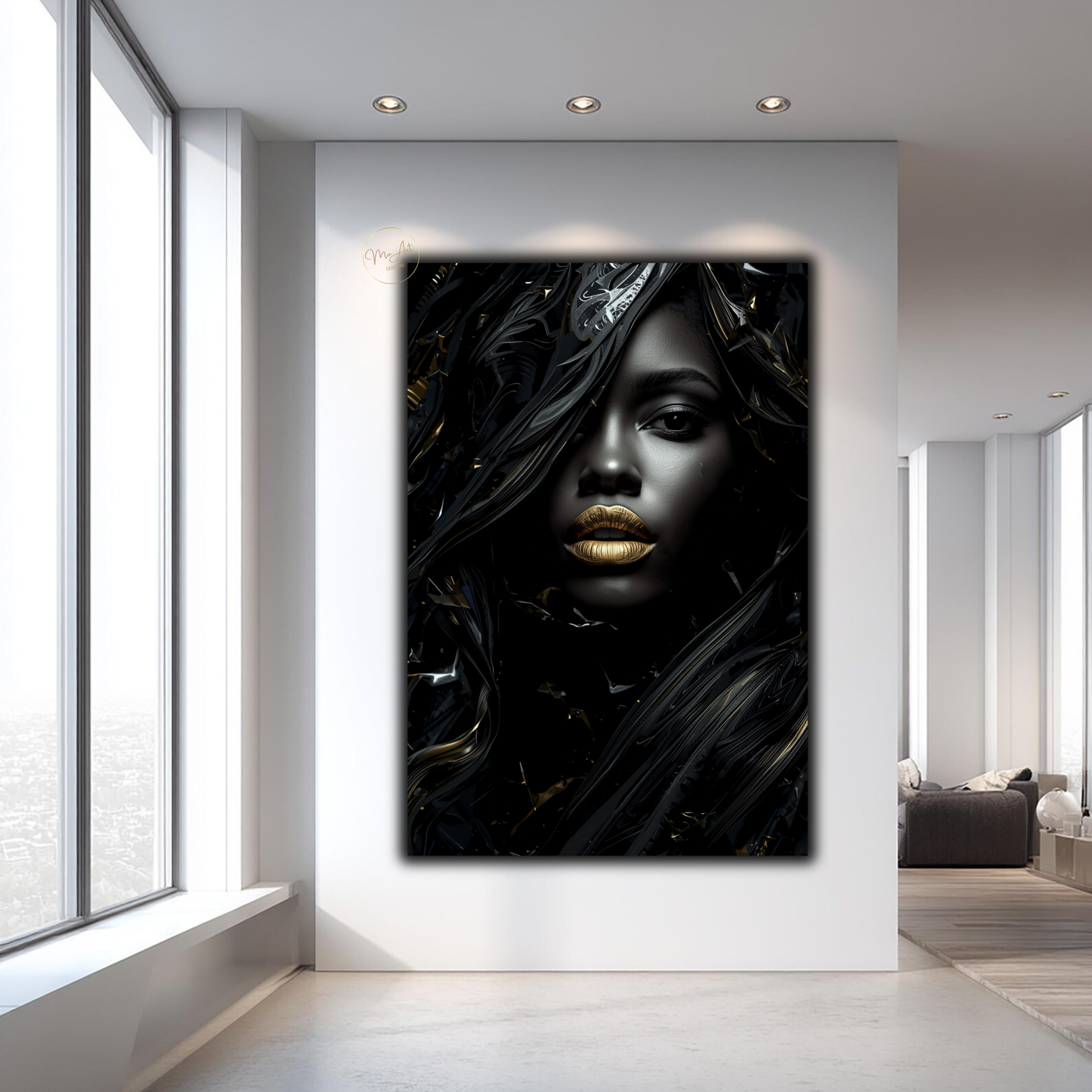 Black Woman Wall Art – Afrocentric Fashion Diva | Luxury Black & Gold Abstract Canvas Print