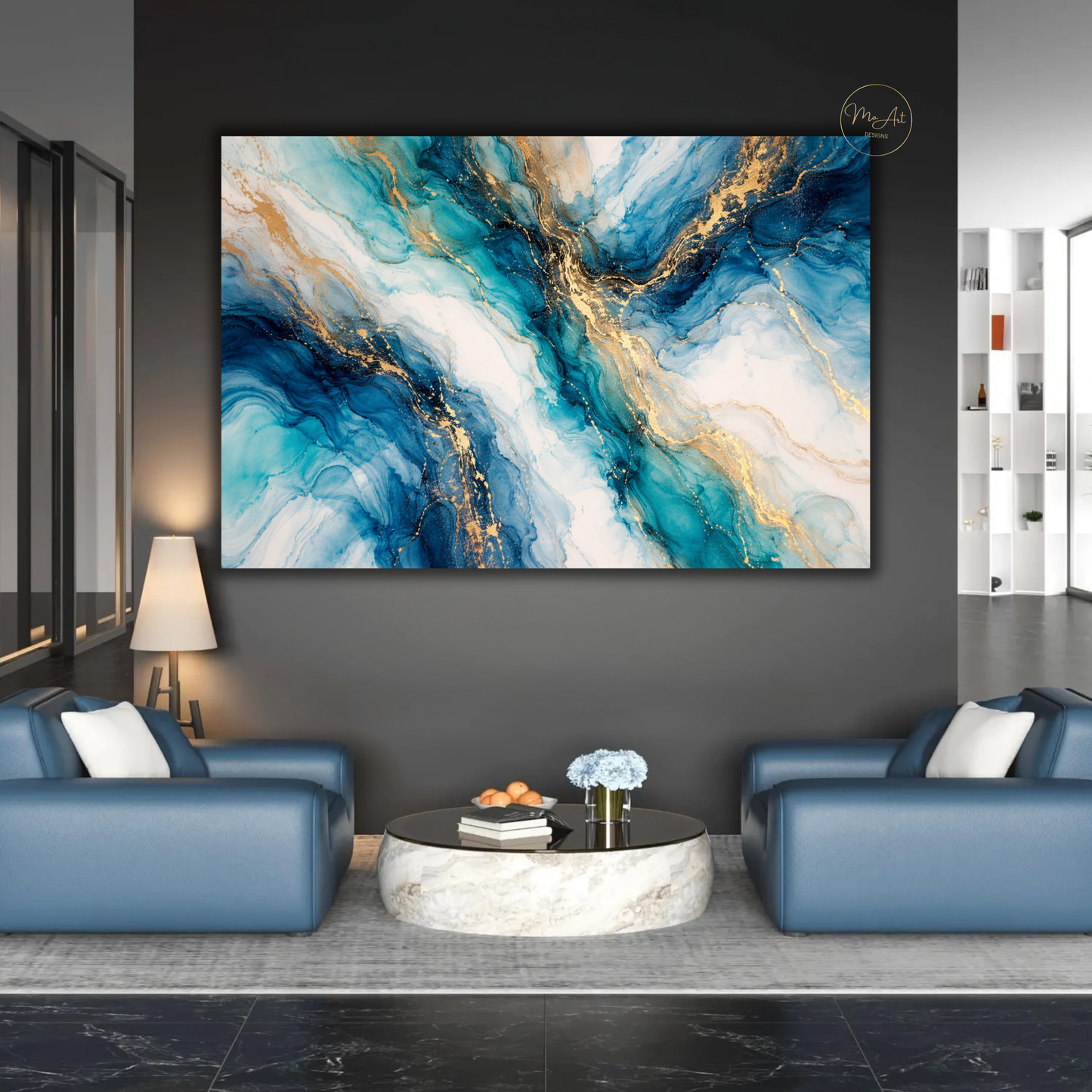 Blue Gold & Turquoise Marble Abstract Wall Art – Luxury Canvas Print