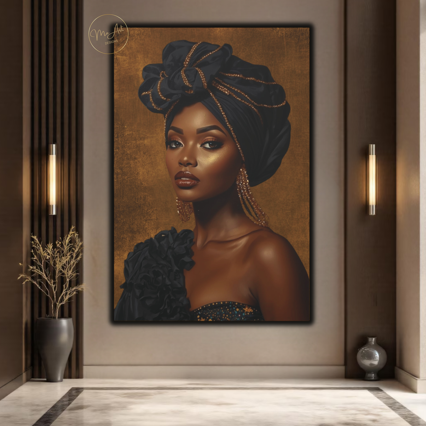 Black Woman Wall Art – Exquisite Beauty in Black & Gold Afrocentric Luxury Canvas Print