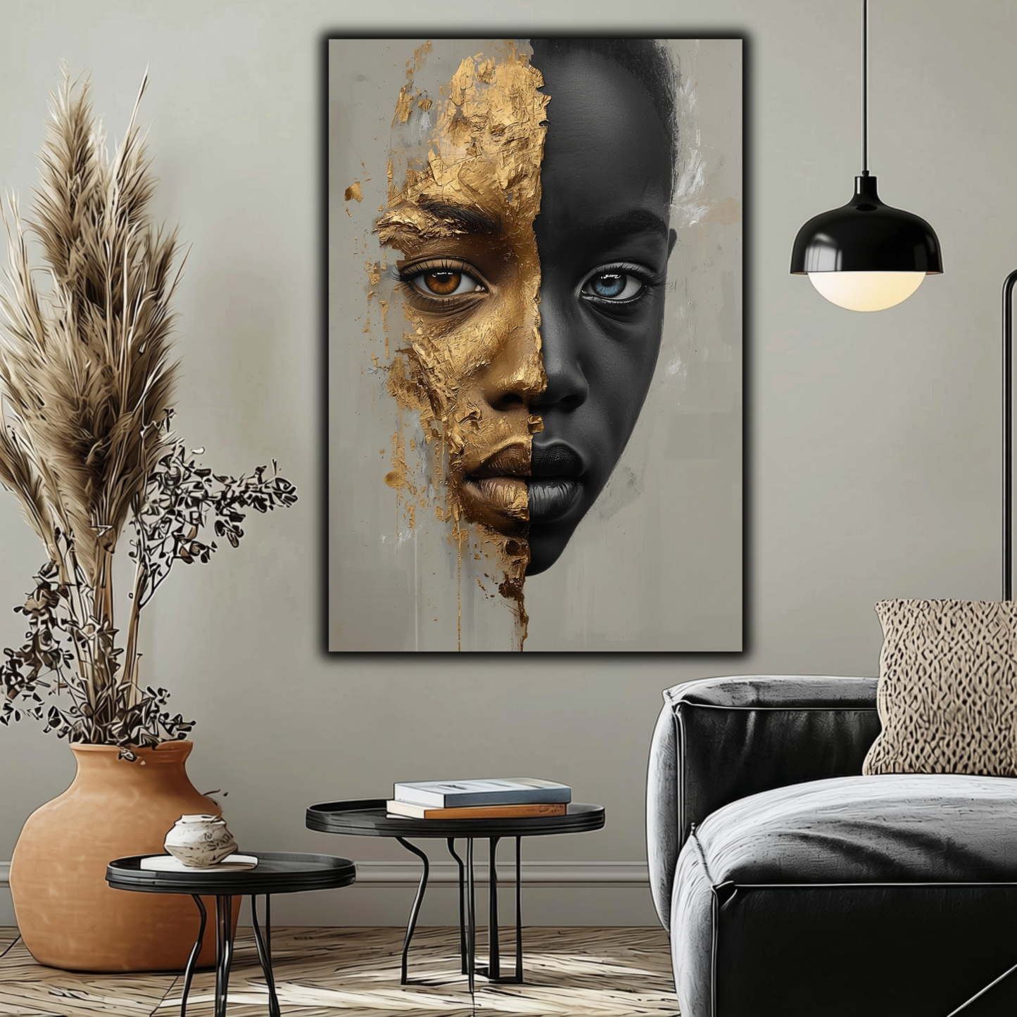 African American Child Wall Art – Black & Gold Abstract Portrait | Afrocentric Luxury Canvas Print