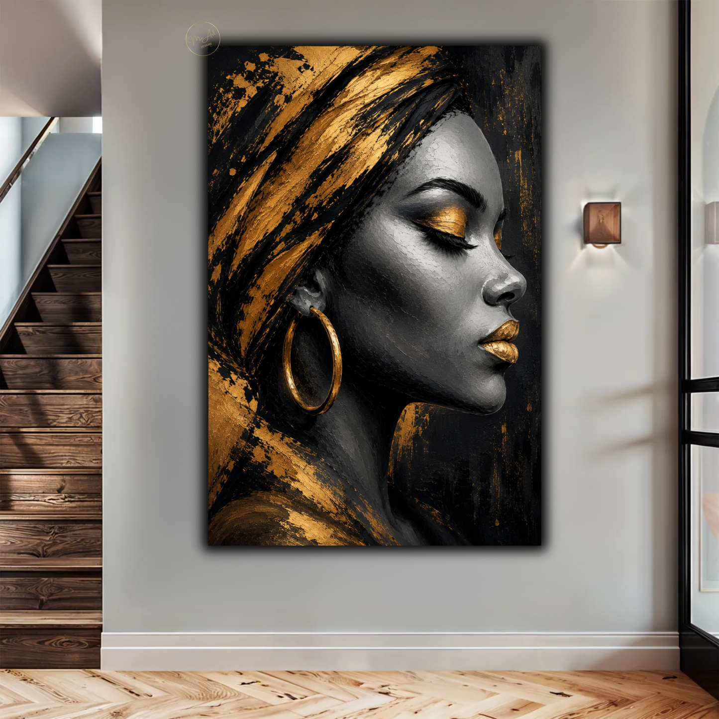 Black Woman Wall Art – Luxury Black & Gold Afrocentric Portrait Canvas Print