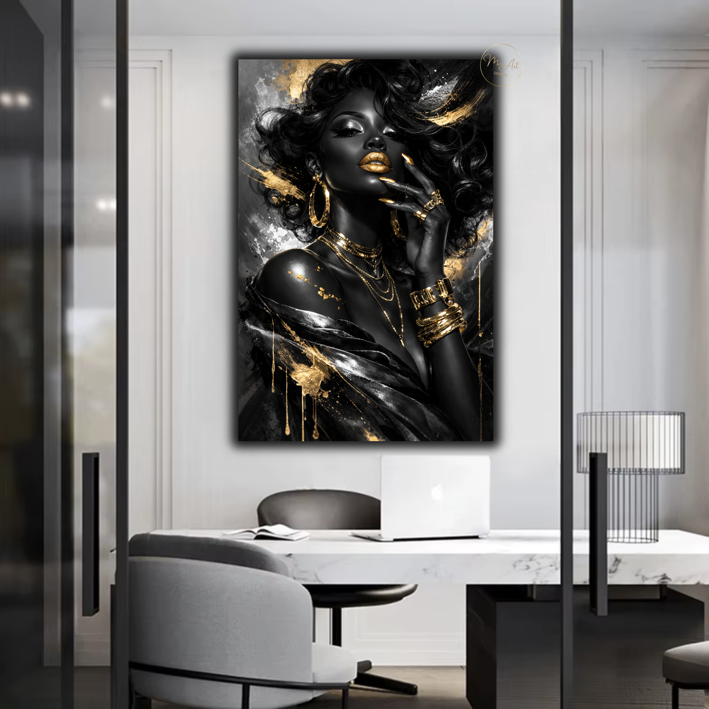 Black Woman Wall Art – Black & Silver Glam with Gold Lips | Luxury Afrocentric Canvas Print