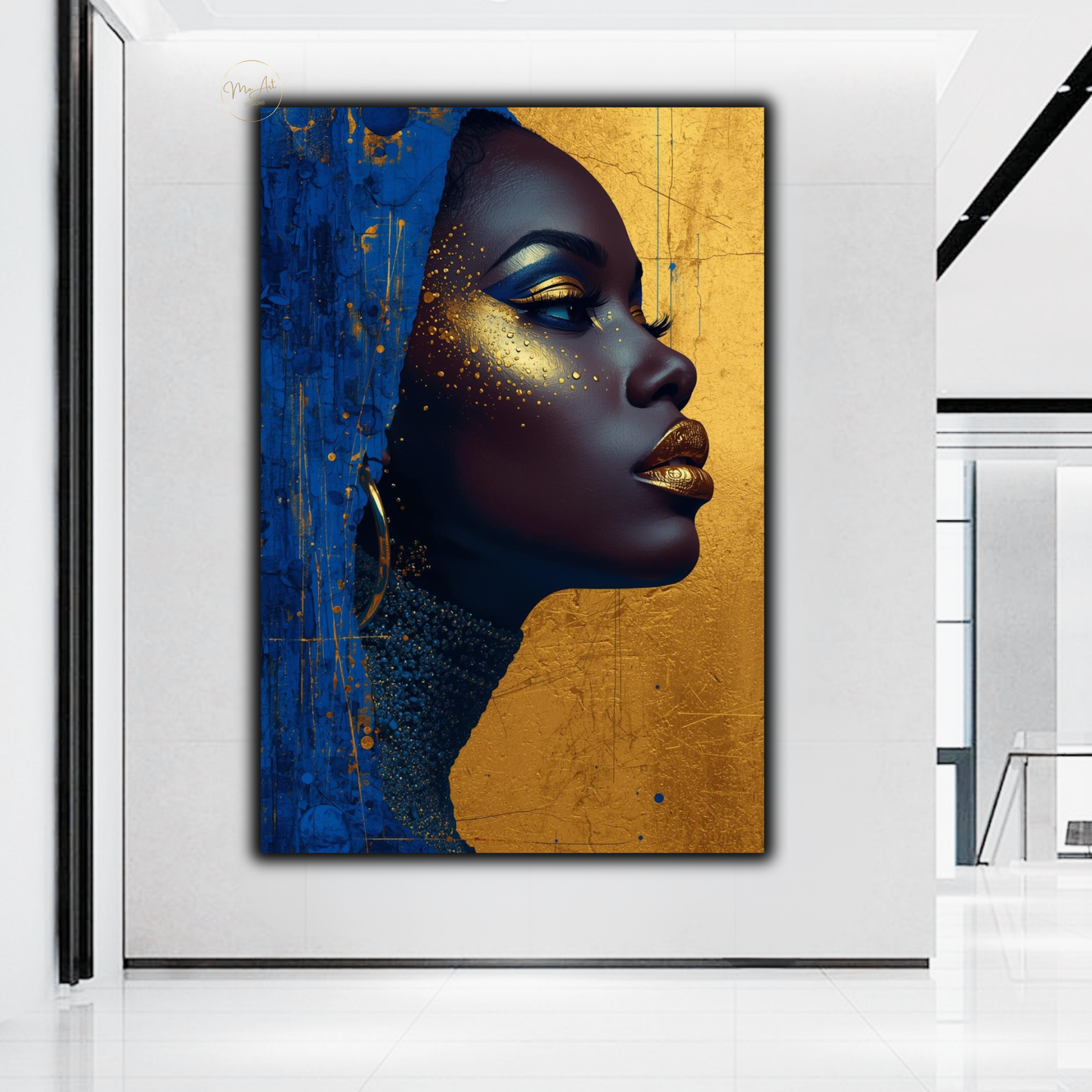 Black Woman Wall Art – Royal Blue & Gold Abstract Afrocentric Beauty Canvas Print