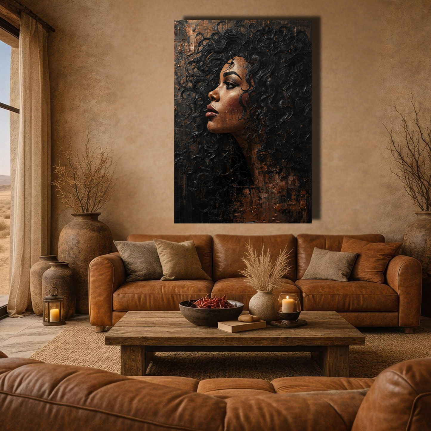 Black Woman Wall Art – Afrocentric Abstract Portrait Canvas Print | Black & Copper Wall Art