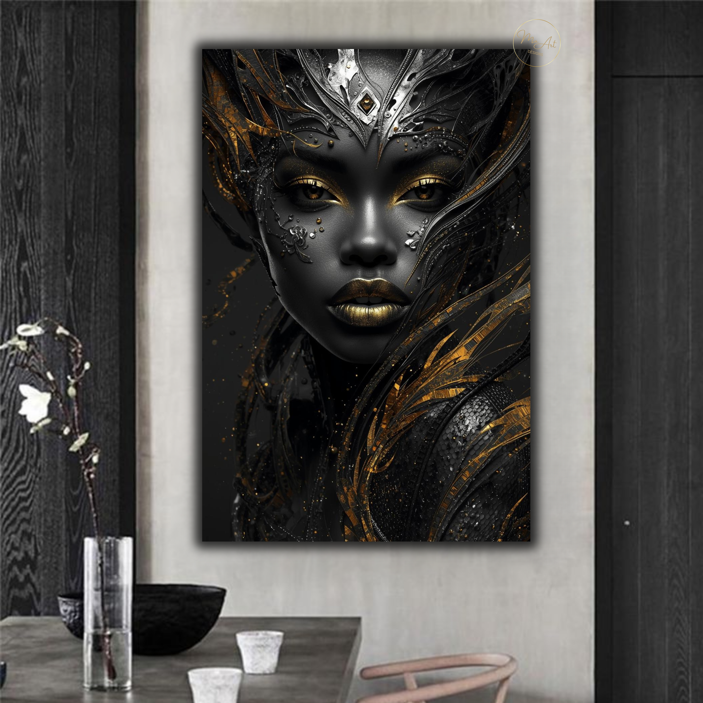 Black Woman Wall Art – Exotic Beauty / Black & Gold Afrocentric Canvas Print