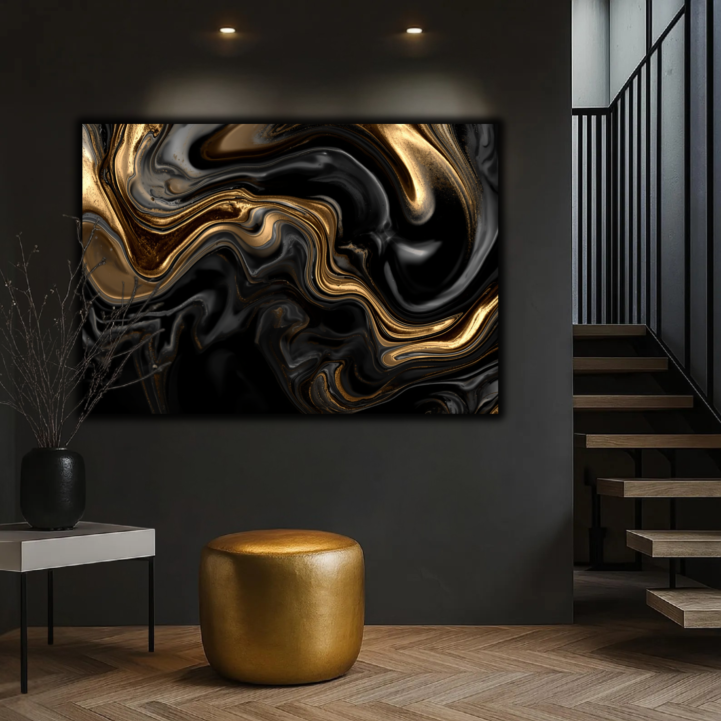 Black & Gold Abstract Wall Art Canvas – Luxury Liquid Marble Modern Art Print | Elegant Black Gold Home Decor