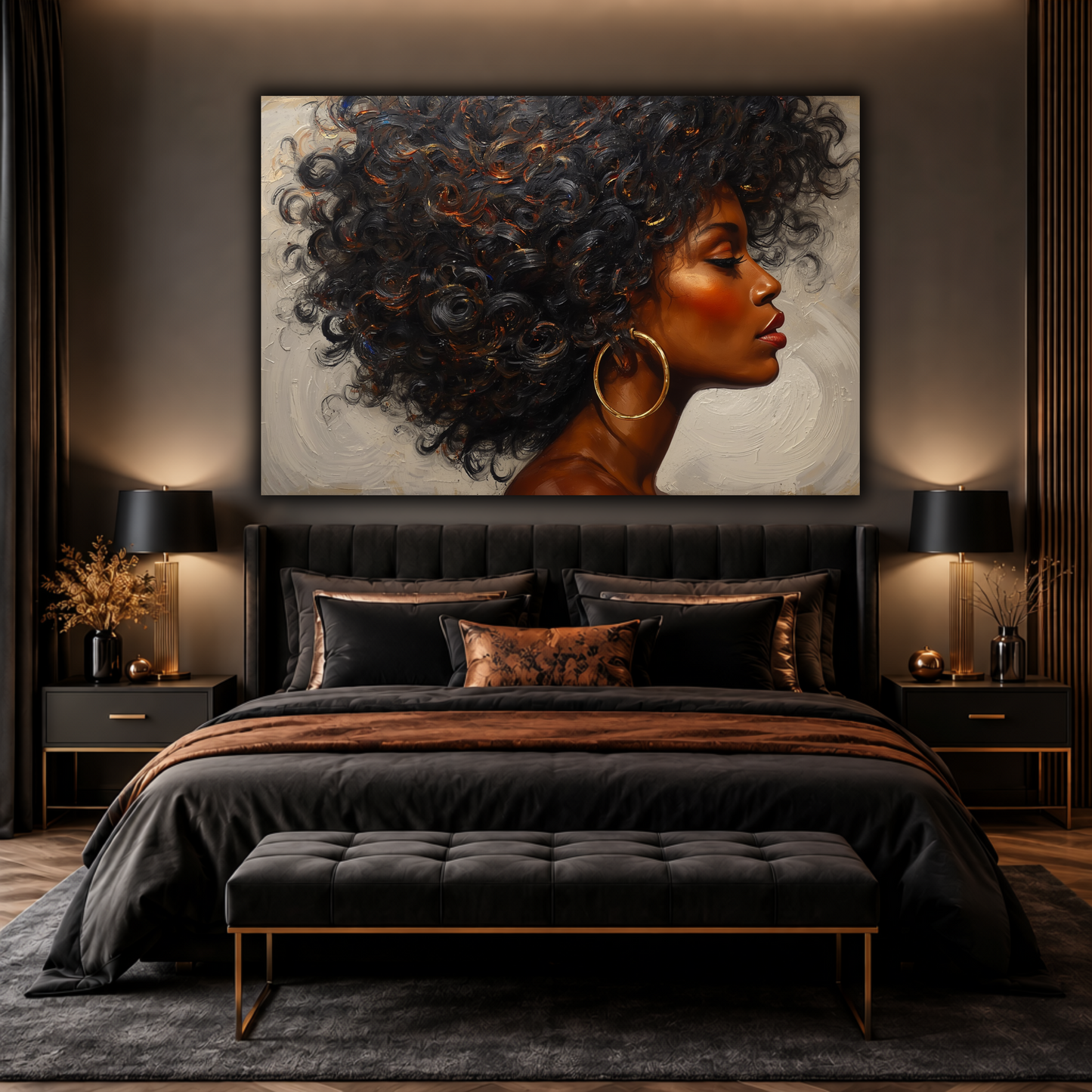 Black Woman Wall Art - Abstract Afrocentric Canvas Print | Black & Gold African American Art