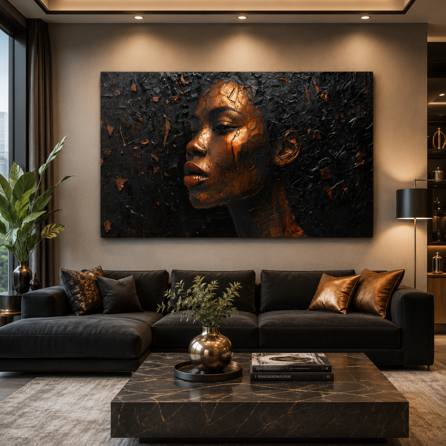 Black Woman Wall Art – Black & Copper Afrocentric Canvas Print | Luxury African American Portrait Wall Decor