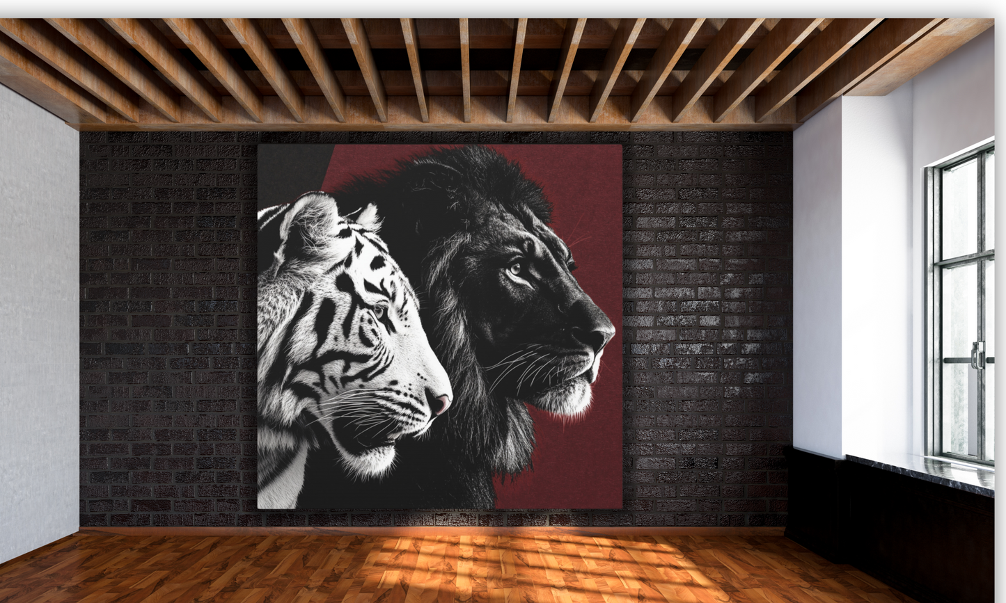 Black and White Lion and Tiger Heads Canvas Art