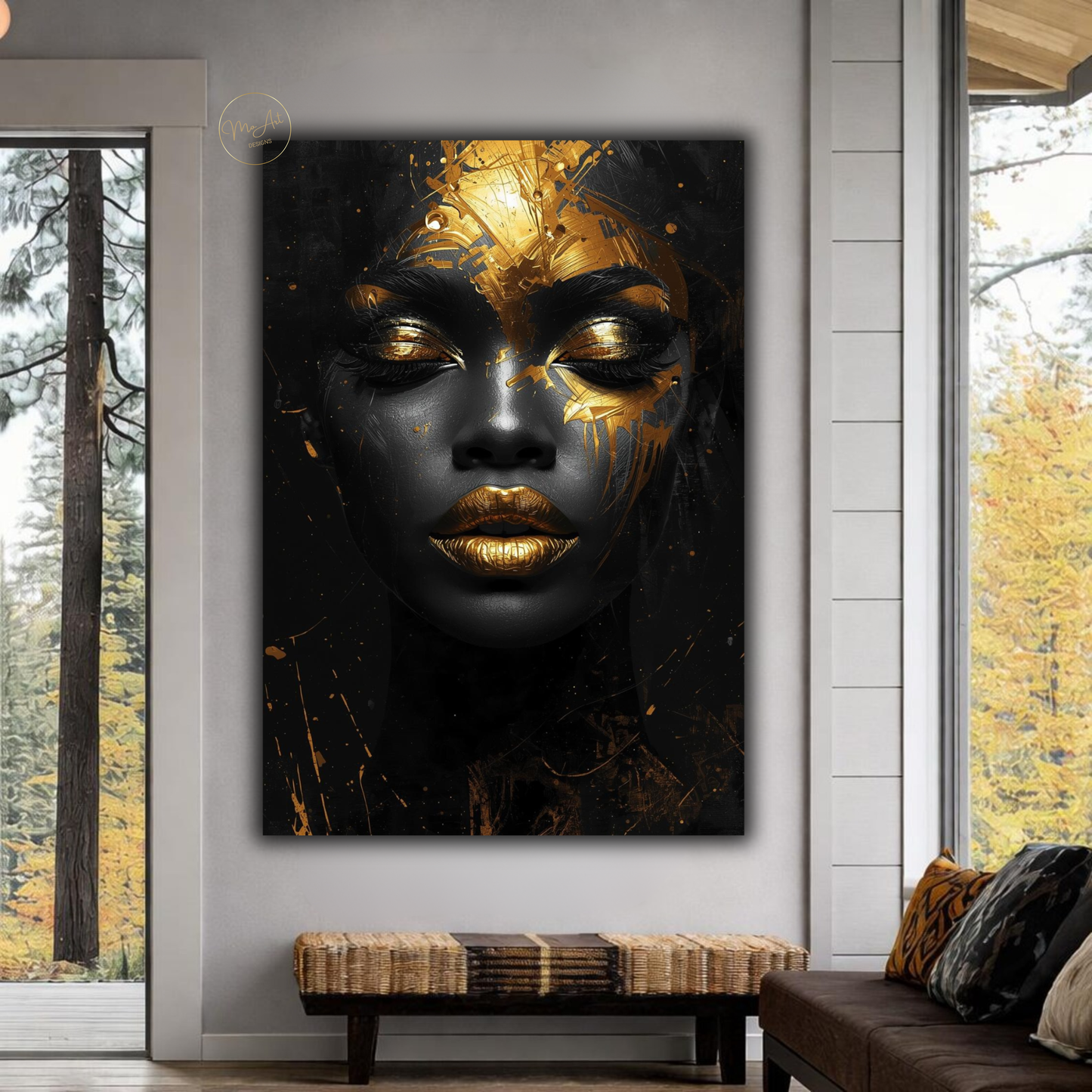 Black Woman Wall Art – Afrocentric Black & Gold Abstract Portrait Canvas Print