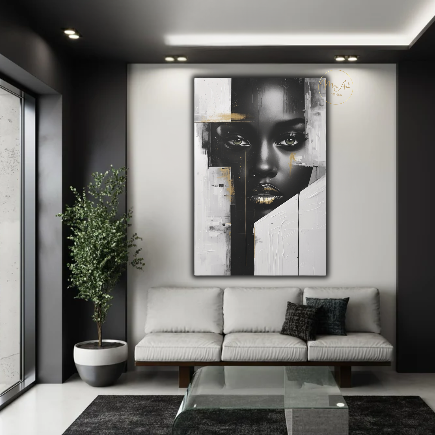 Black Woman Wall Art – Sovereign Gaze - Luxury Black, White & Gold Modern Canvas Print