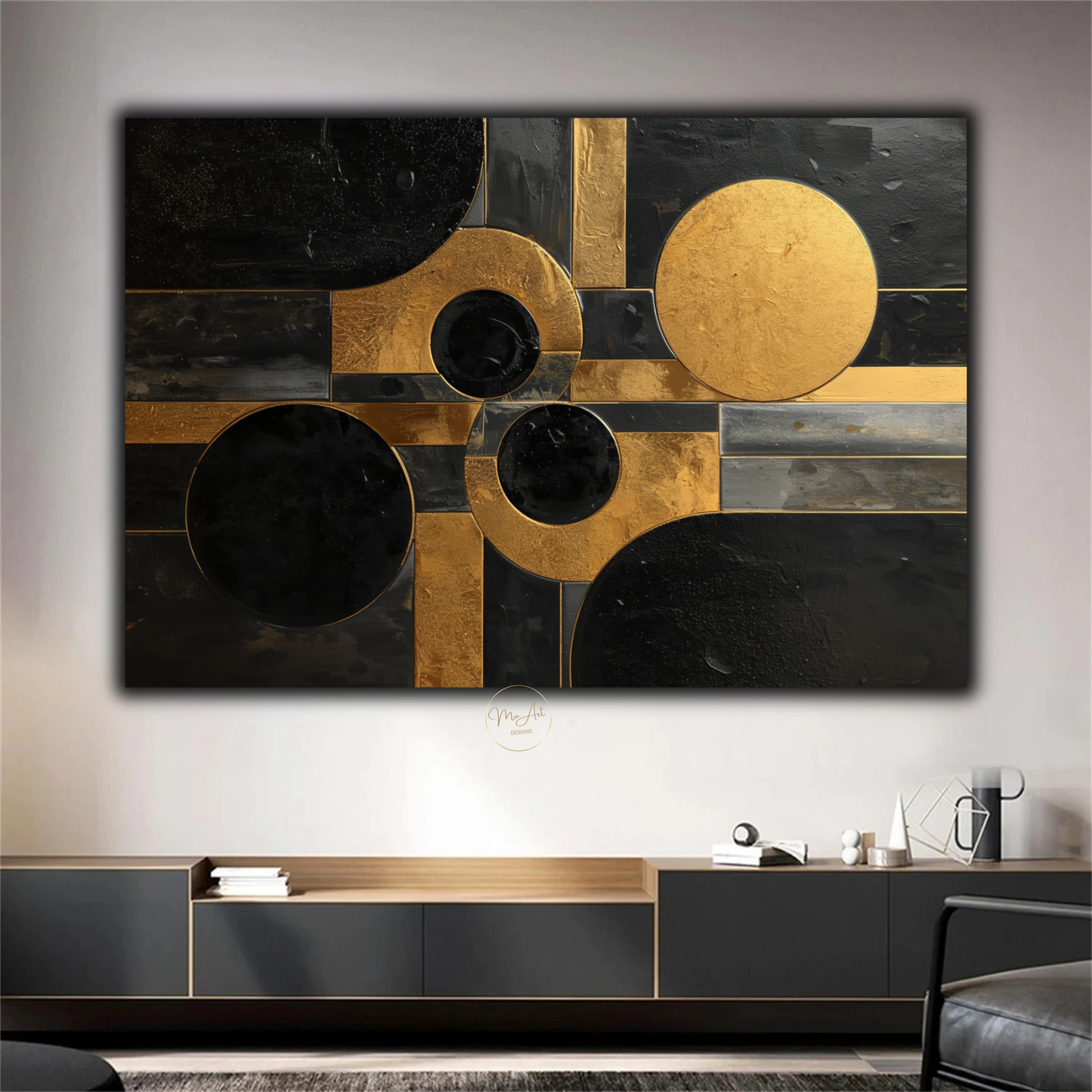 Black & Gold Geometric Abstract Wall Art – Luxury Modern Circle & Square Canvas Print