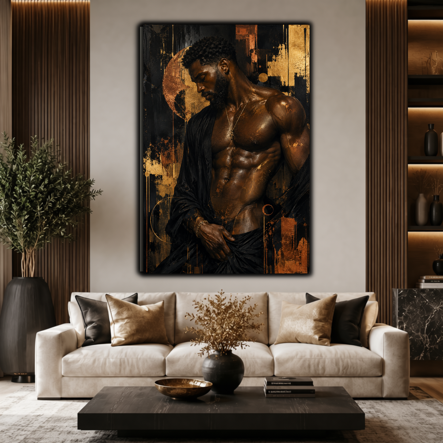 Black Man Wall Art - Seductive Afrocentric Canvas Print | Modern Black & Gold Masculine Wall Art