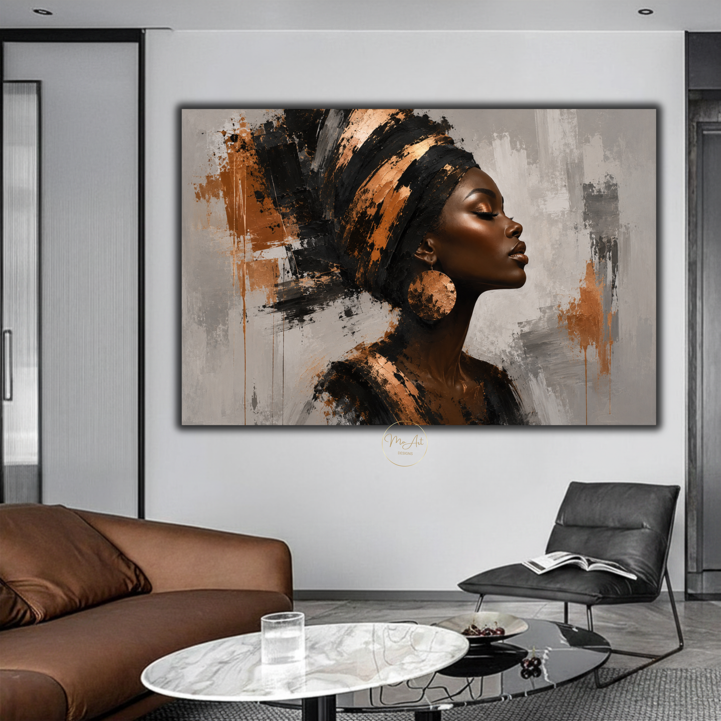 Black Woman Wall Art – Opulent Black & Copper Afrocentric Abstract Canvas Print