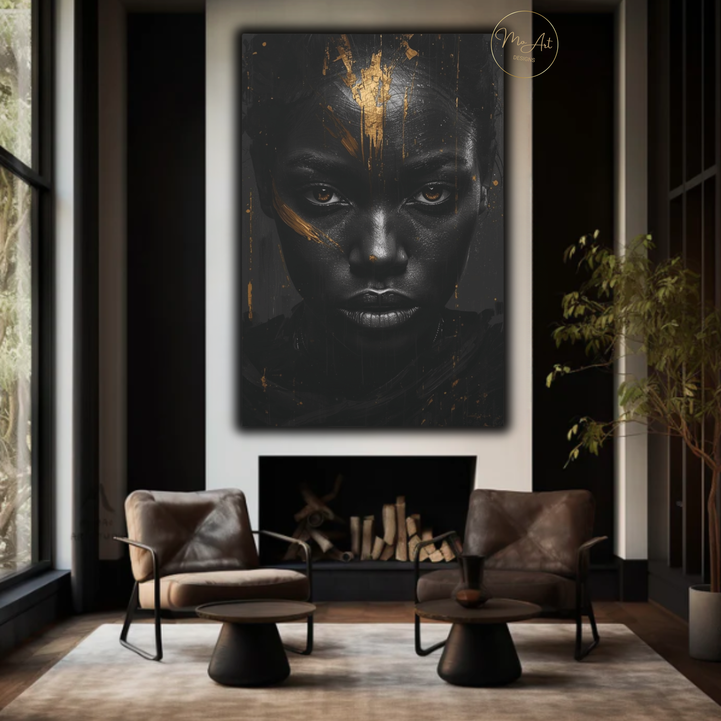 Black Woman Wall Art – Unbreakable Gaze | Black & Gold Statement Canvas Print
