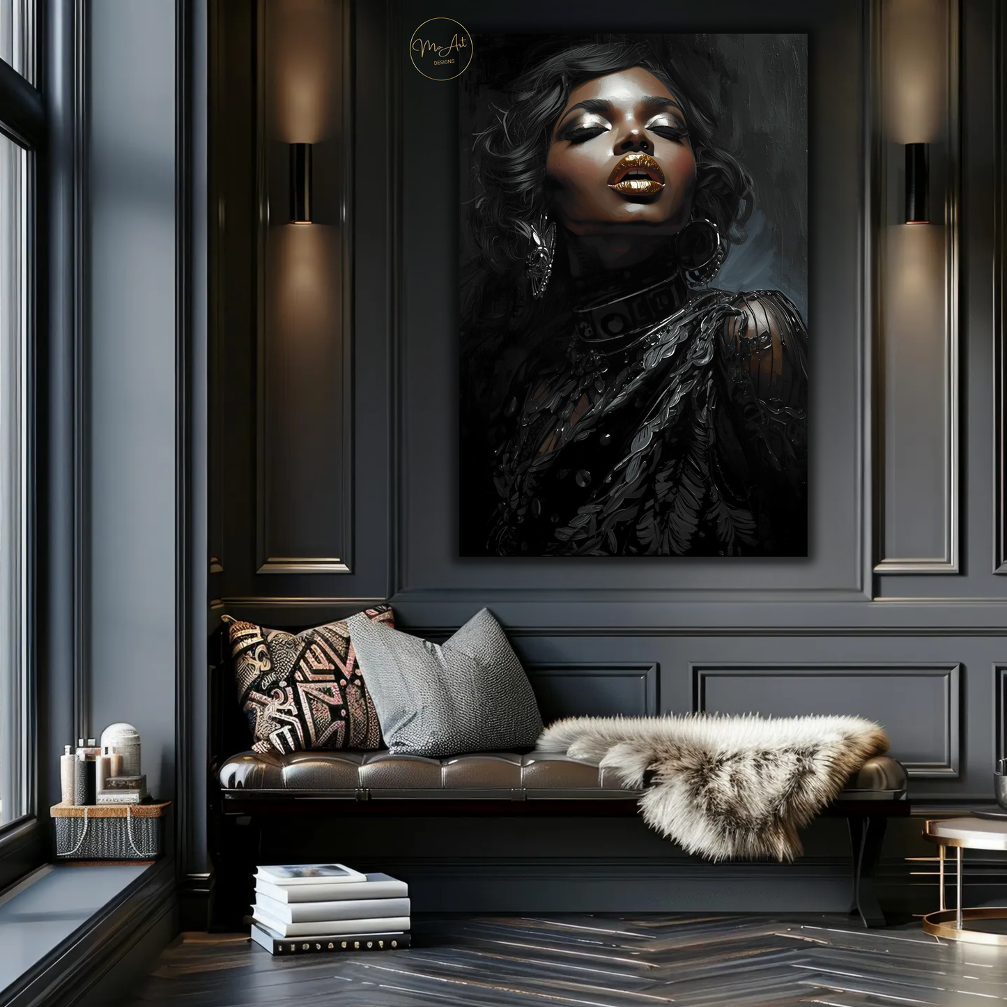 Black Woman Wall Art with Gold Lips – Elegant Afrocentric Canvas Print for Luxury Decor