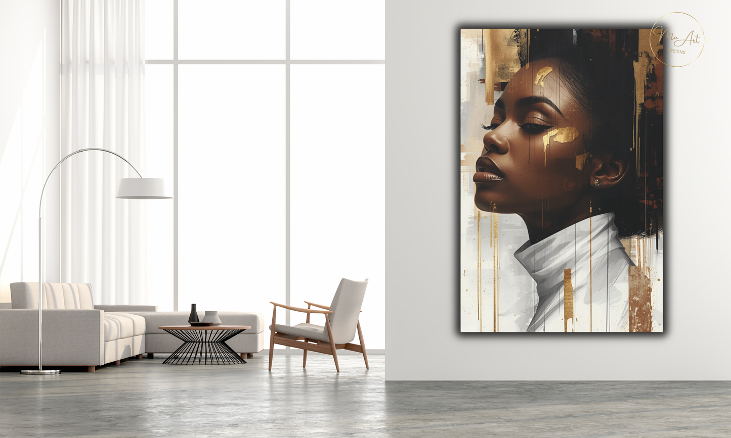Abstract Black Woman Wall Art – White & Gold Elegance / Canvas Print