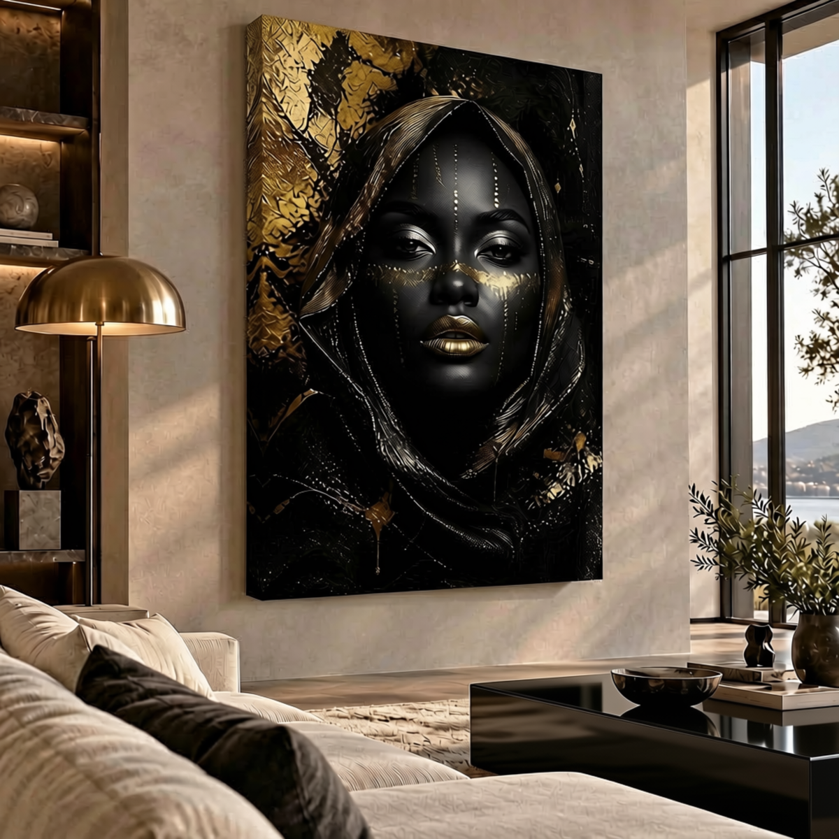 Black Woman Wall Art – Obsidian Queen | Black & Gold Luxury Portrait Canvas Print