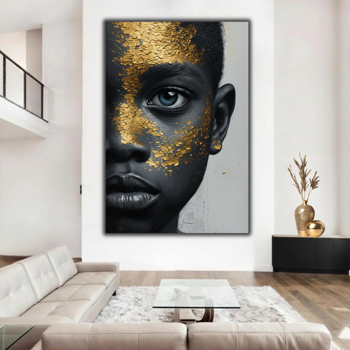 African American Wall Art – Black Boy with Blue Eyes Black & Gold Canvas Print | Luxury Afrocentric Decor