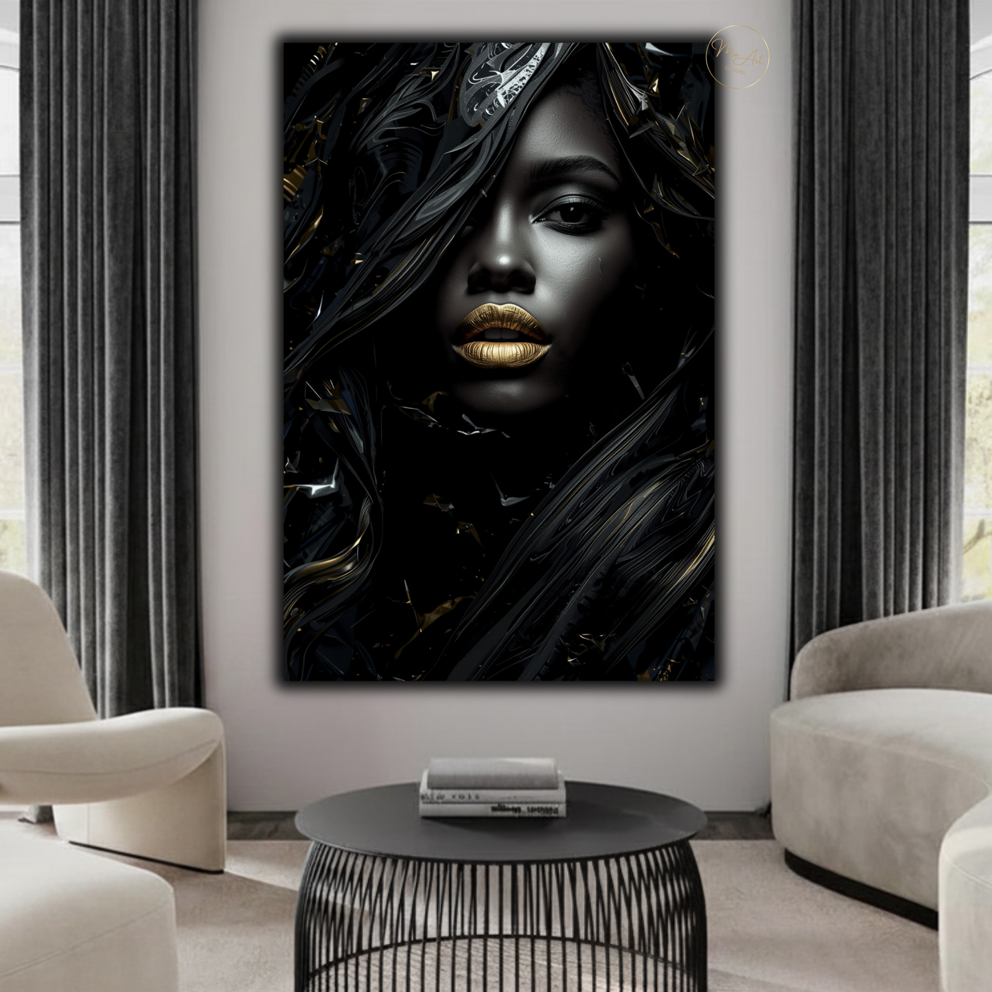 Black Woman Wall Art – Afrocentric Fashion Diva | Luxury Black & Gold Abstract Canvas Print
