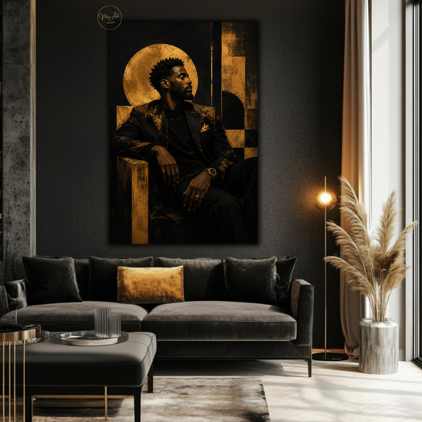 Black Man Wall Art – Abstract Gold & Black Afrocentric Portrait Canvas Print