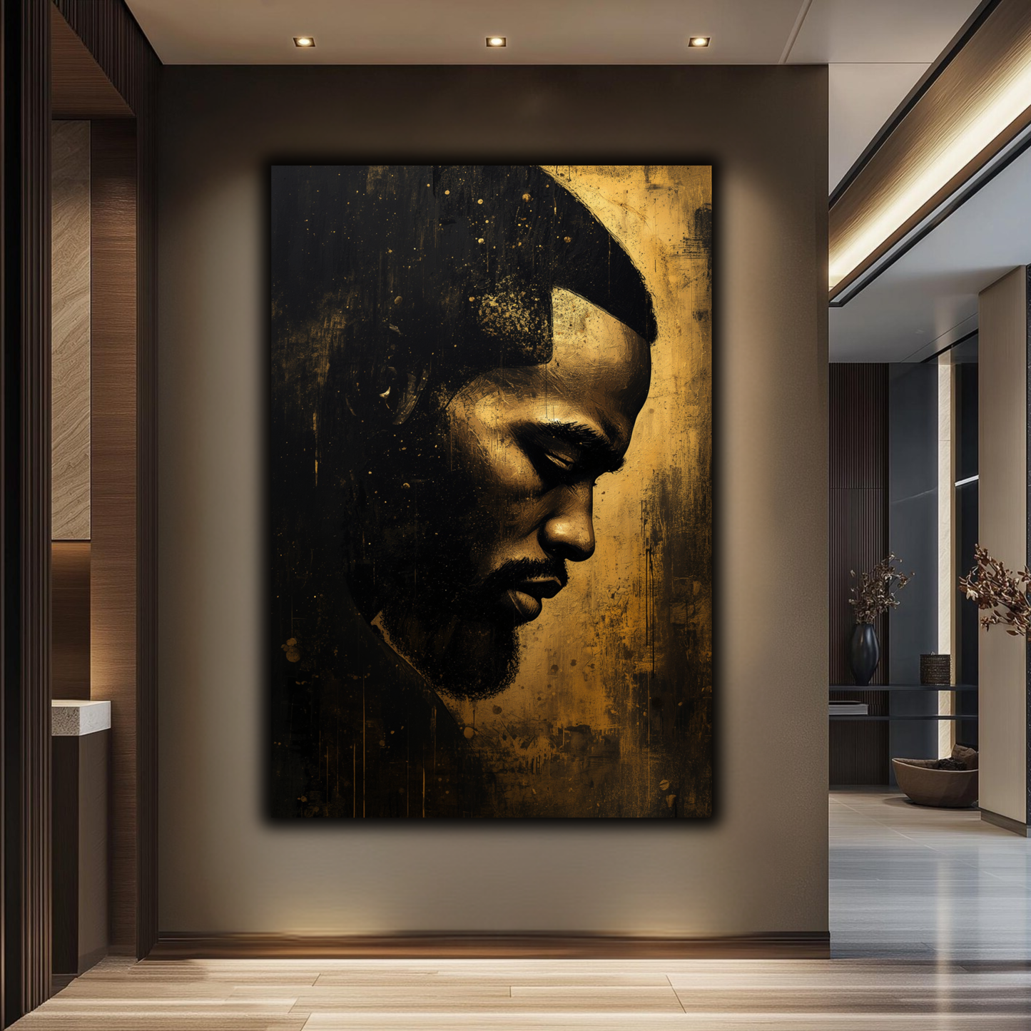 Black Man Wall Art Abstract Portrait | Black and Gold Canvas Print | African American Male Art  Modern Home Decor