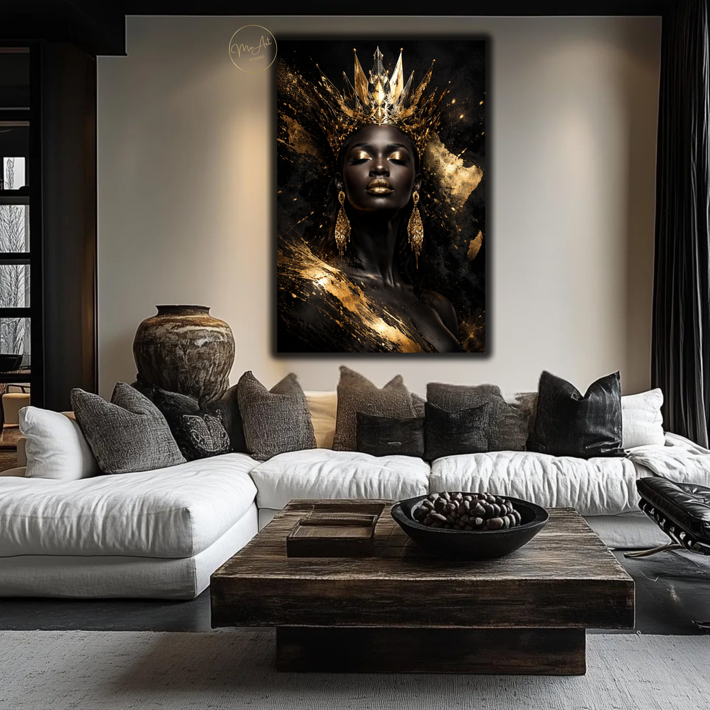 African Queen Black Woman Wall Art – Gold Crown Afrocentric Canvas Print