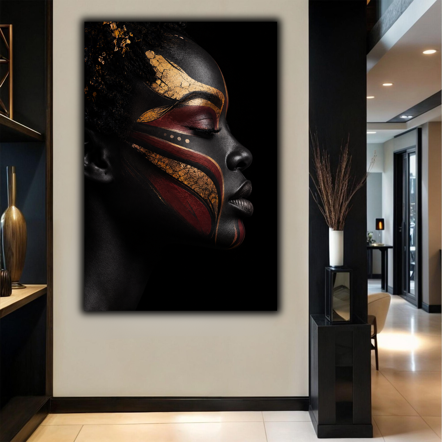 Black Woman Wall Art – Abstract Black, Gold & Burgundy Canvas Print | Luxury Afrocentric Wall Decor
