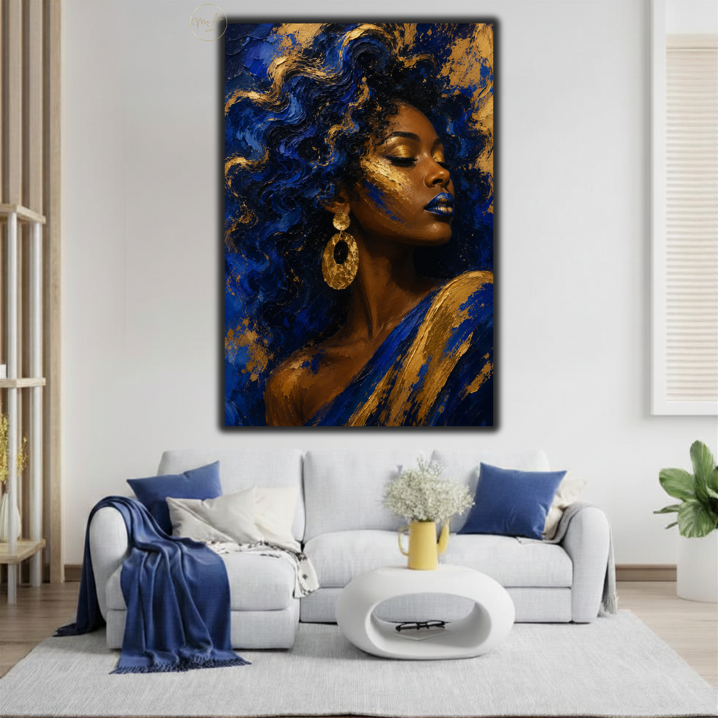 Black Woman Wall Art – Royal Blue & Gold Afrocentric Canvas Print | Abstract African American Woman Art