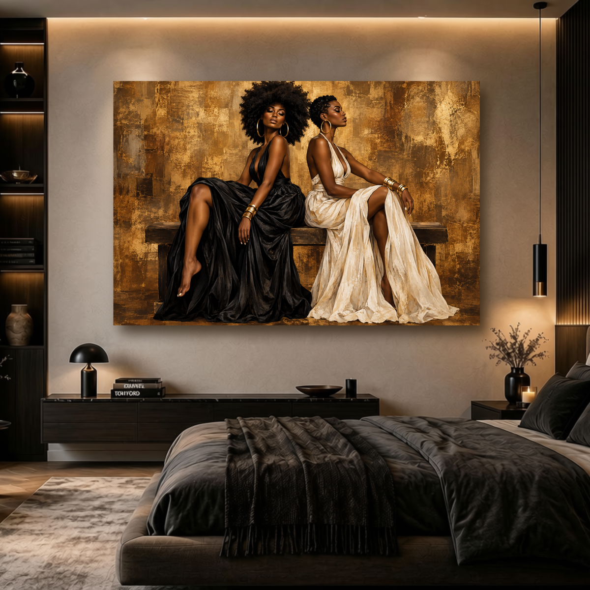 Black Women Wall Art – Essence of Sisterhood | Afrocentric Black & Gold Canvas Print