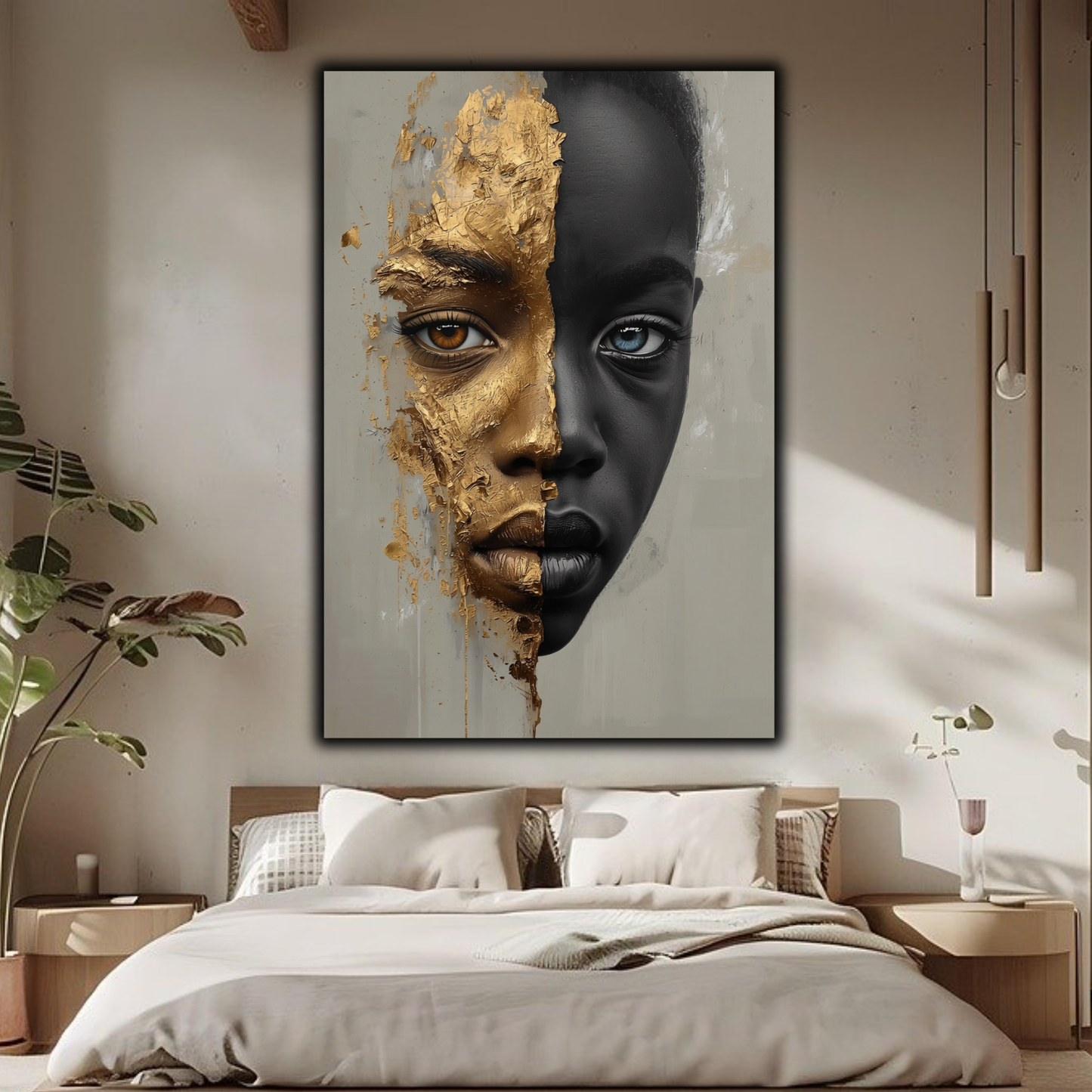 African American Child Wall Art – Black & Gold Abstract Portrait | Afrocentric Luxury Canvas Print
