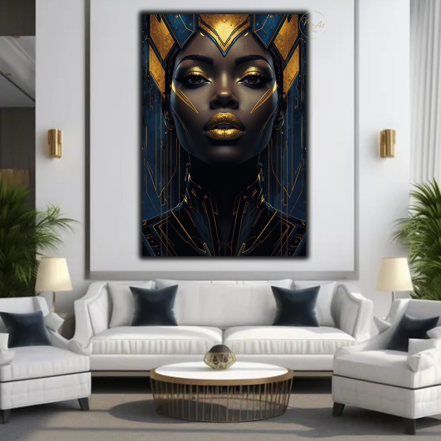 Black Woman Wall Art – Blue & Gold Afrocentric Queen Canvas Print