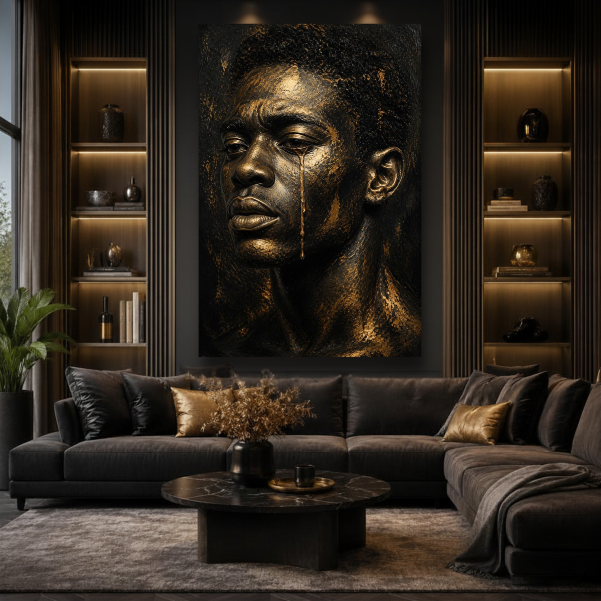Black Man Wall Art – Golden Tears | Emotional Black & Gold Canvas Print