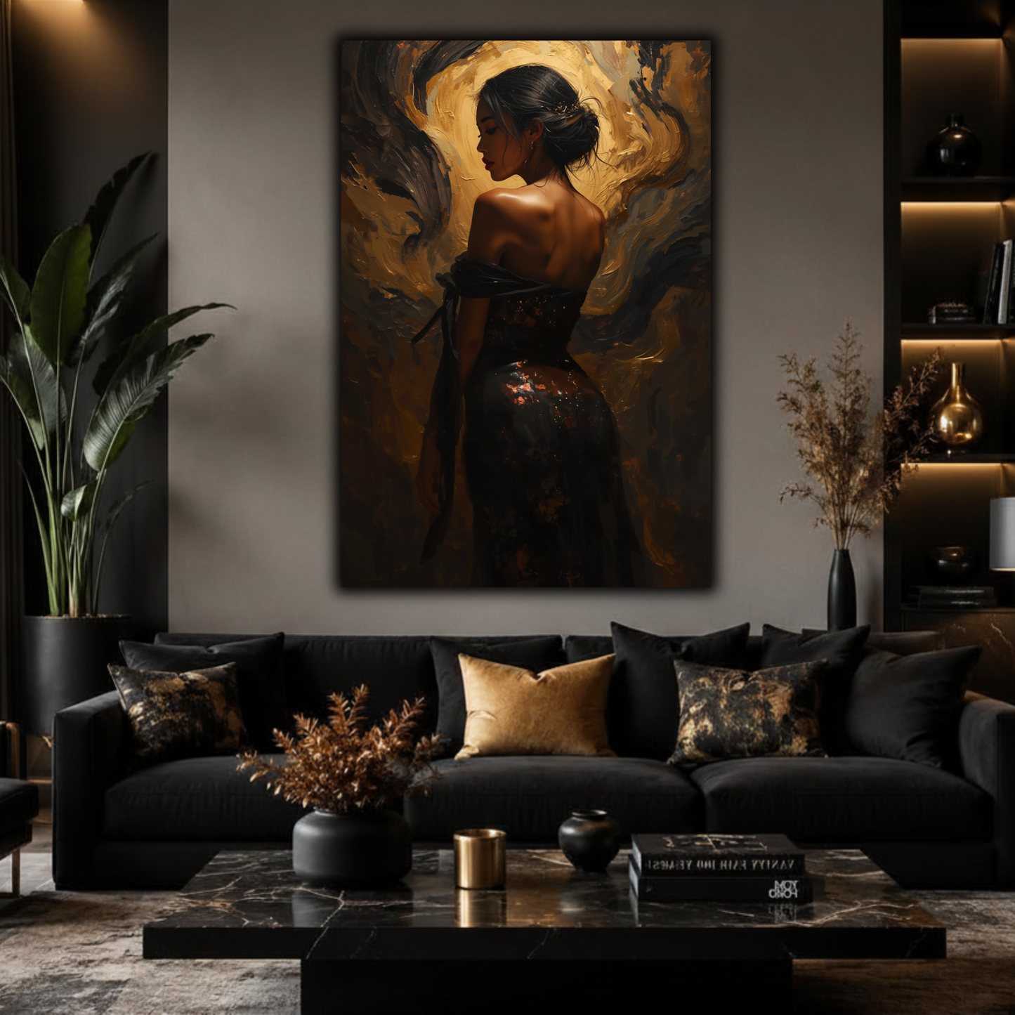 Golden Elegance Canvas Print – Luxury Abstract Female Portrait | Black, Gold & Bronze Wall Art