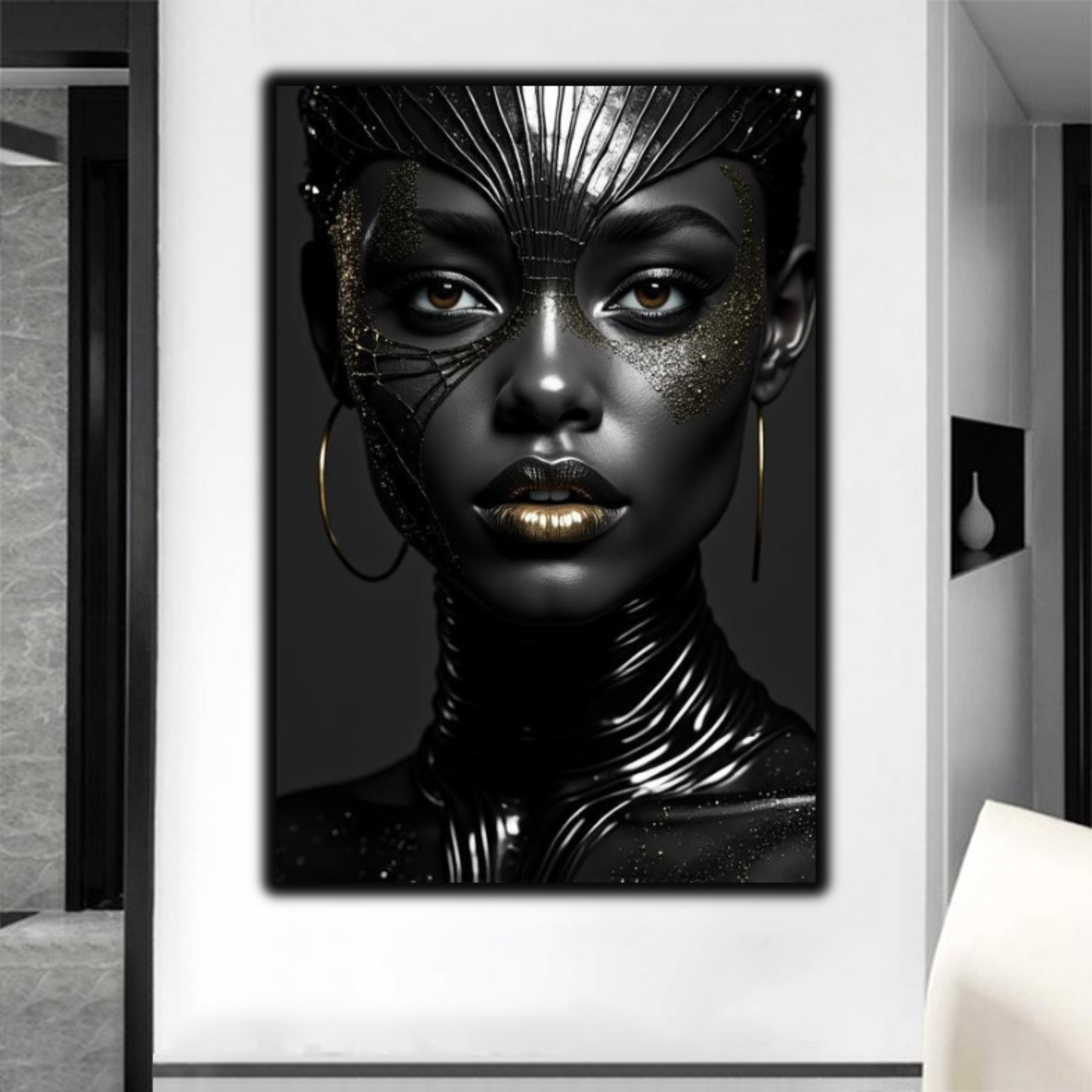 Black Woman Wall Art – High Fashion Afrocentric Gold & Black Canvas Print