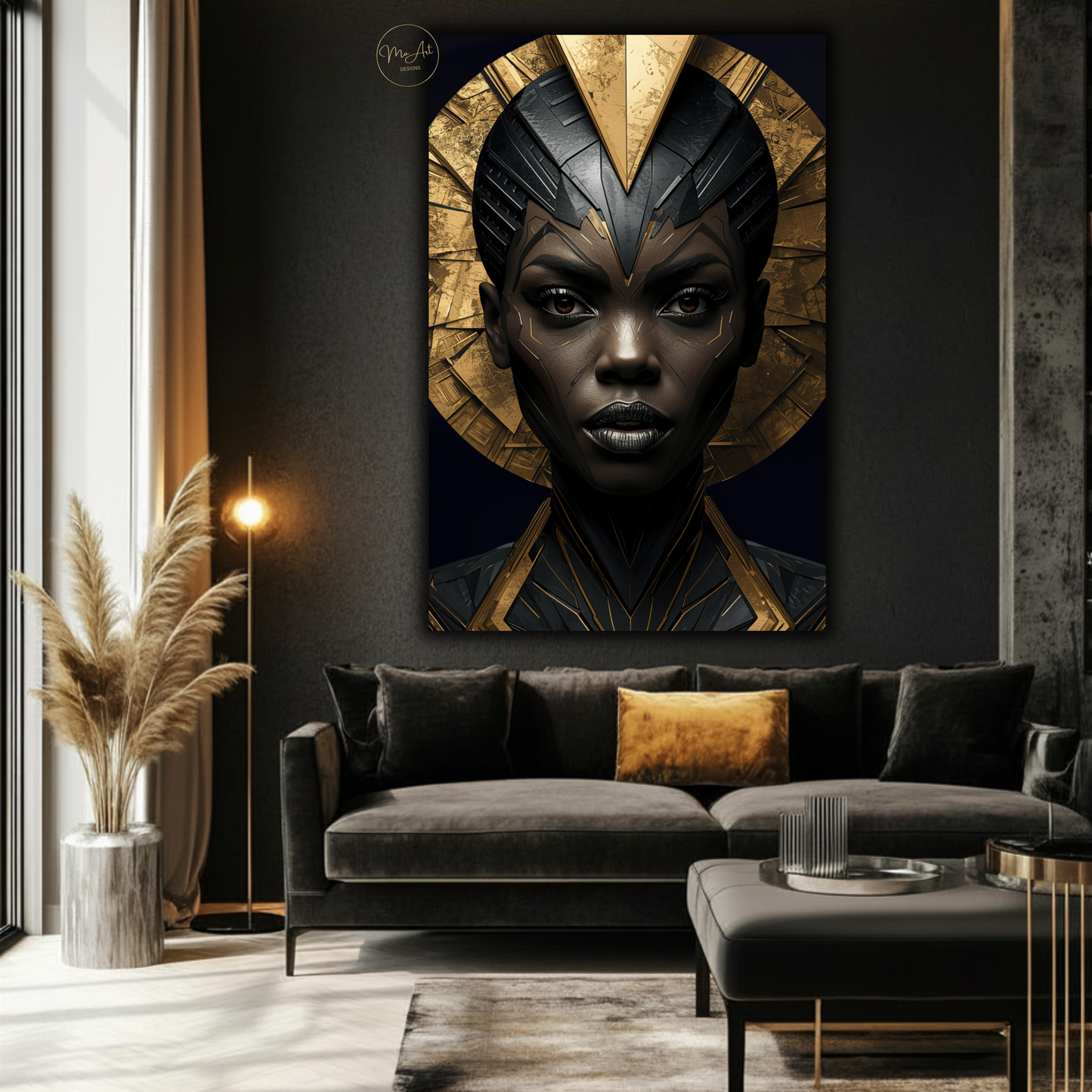 Black Woman Wall Art – Bold African Warrior Goddess | Premium Black & Gold Canvas Print