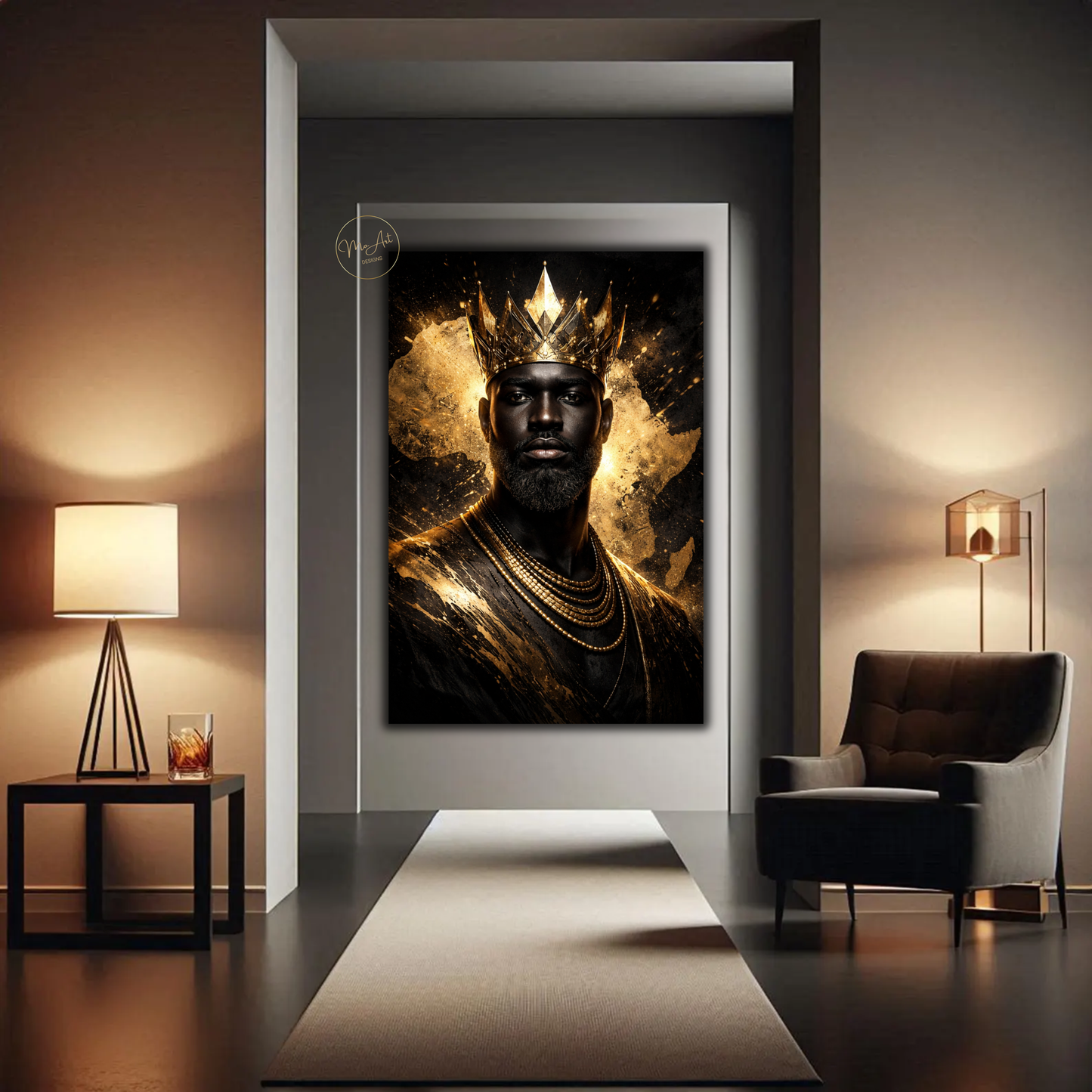 Black King Wall Art – African Royalty Gold Crown Canvas Print for Modern Luxury Decor