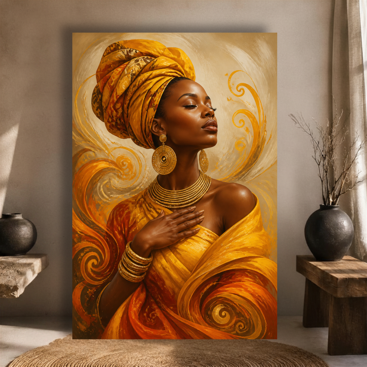 Black Woman Wall Art – Amber Serenity | Afrocentric Orange & Yellow Canvas Print