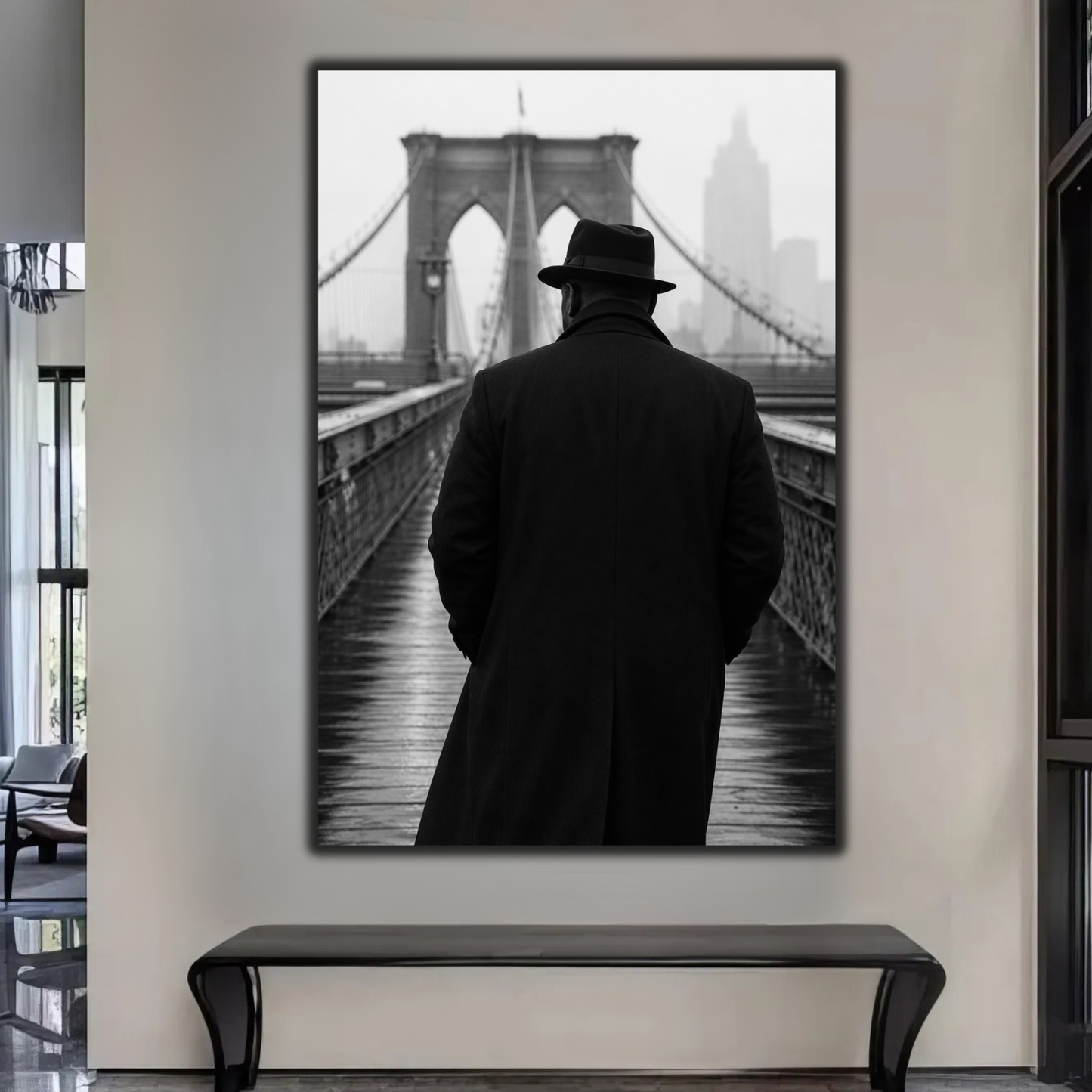 African American Man NYC Wall Art | Brooklyn Bridge Black & White Canvas Print