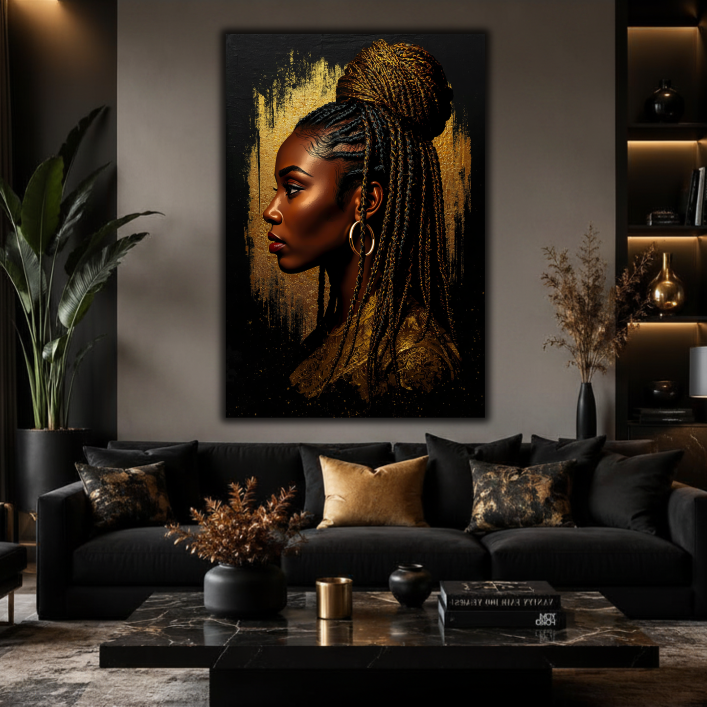 Black Woman Wall Art – Braided Afrocentric Queen in Black & Gold Canvas Print | Luxury African American Decor