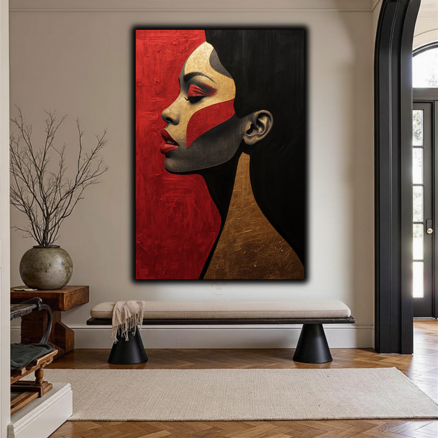 Black Woman Wall Art – Abstract Afrocentric Canvas Print | Black, Red & Gold Modern Wall Decor
