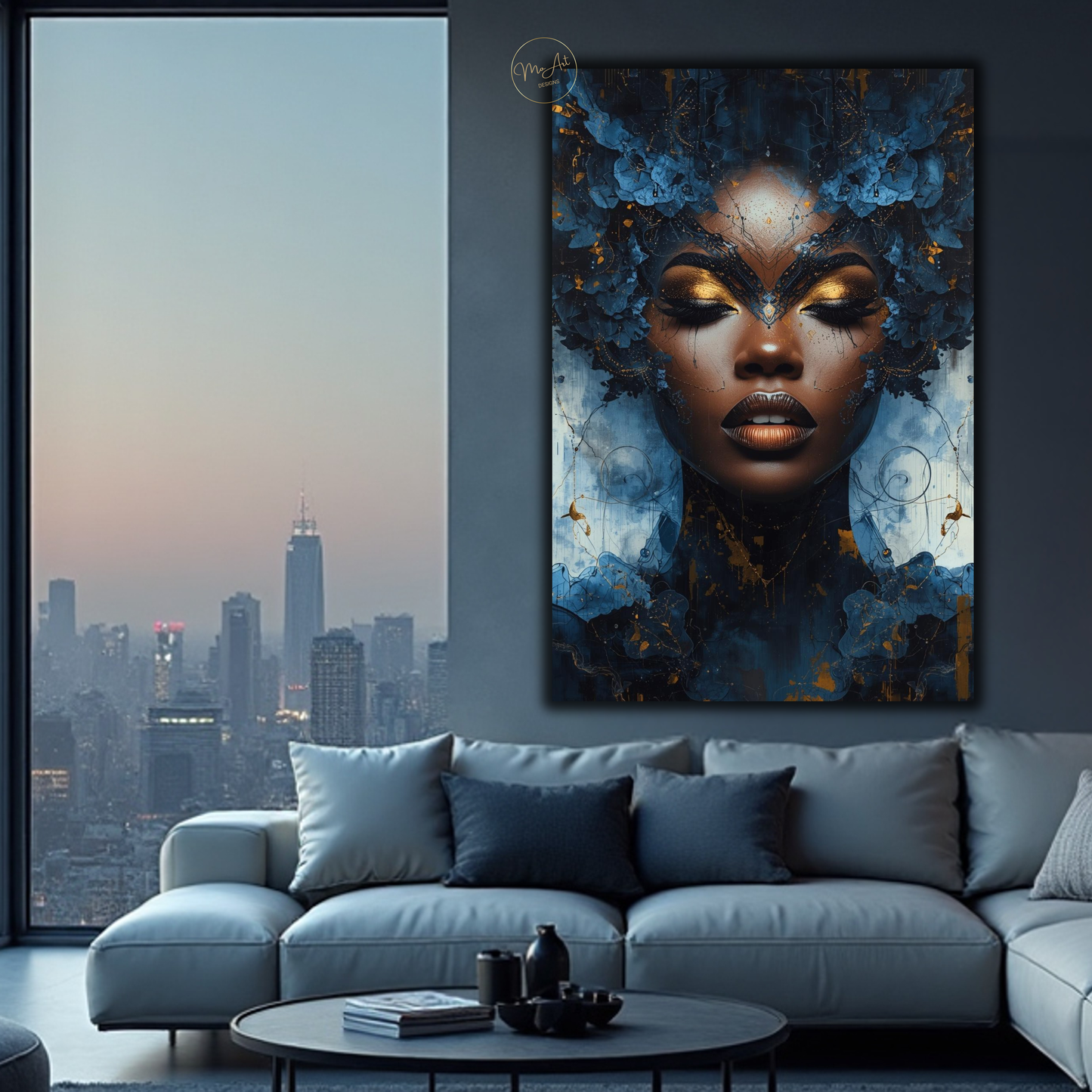 Afrocentric Black Woman Wall Art – Blue and Gold Abstract Canvas Print